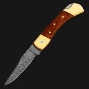 damascus steel folding knife with wooden handle