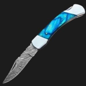 blue handle damascus folding knife
