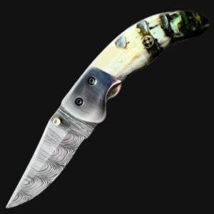 custom damascus folding knife with stag horn handle