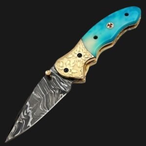 custom handmade damascus steel folding knife | turquoise handle |