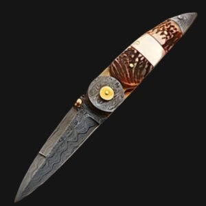 custom damascus folding knife with stag & bone handle
