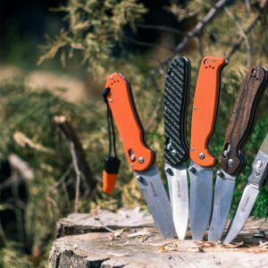 A collection of stylish pocket knives displayed outdoors on a tree stump.