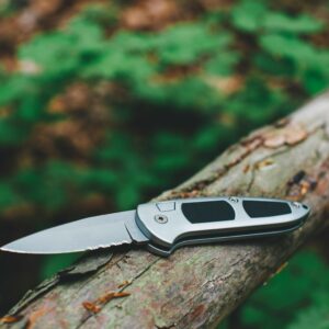 Close-up of a stainless steel pocket knife resting on a wooden log in nature.
