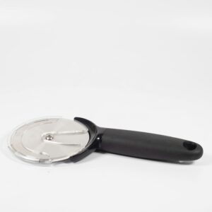A stainless steel pizza cutter with a black handle on a plain white background, ideal for kitchen use.