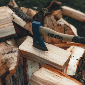 Ax with wooden handle and sharp blade in cut wood with rough bark in daylight