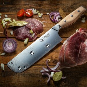 Sharp kitchen knife with raw pork and ingredients on a wooden table, perfect for culinary themes.