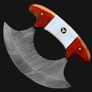 pizza cutter ulu knife handmade damascus steel wood & white handle