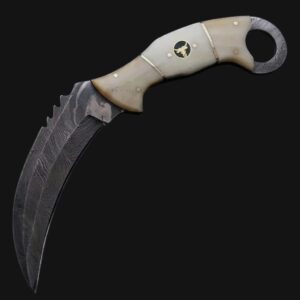 bodacious damascus karambit knife with camel bone handle