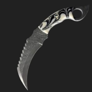 bodacious damascus karambit knife with marbled resin handle