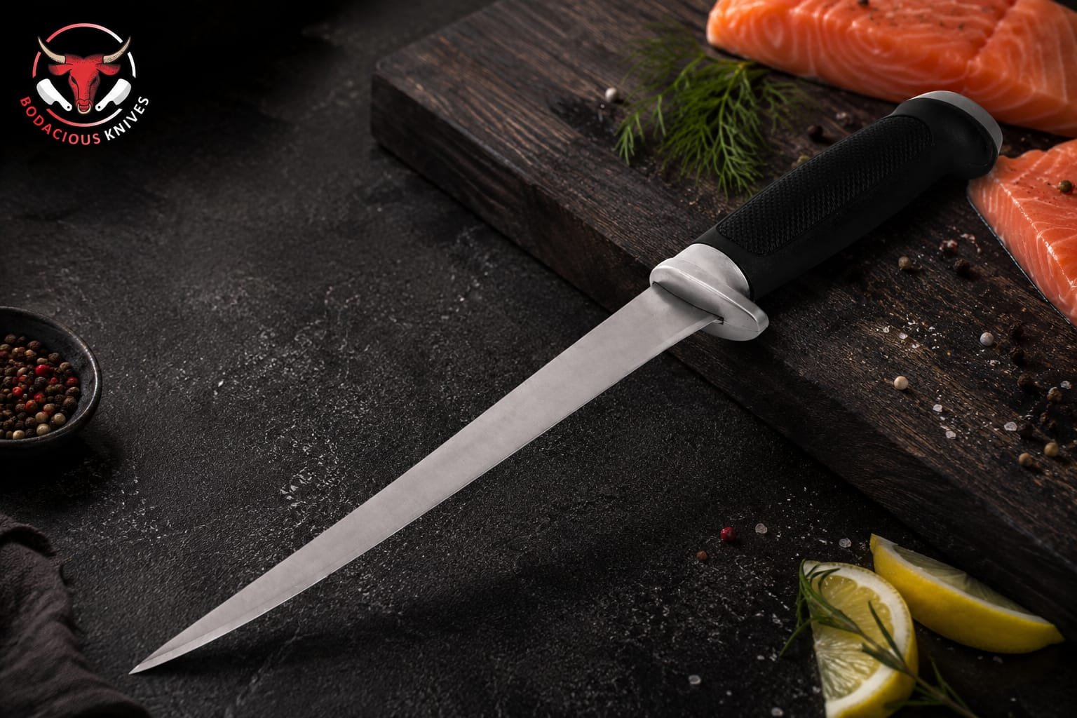imageFillet knife used for filleting salmon fish on wooden cutting board - Bodacious Knives boning knife
