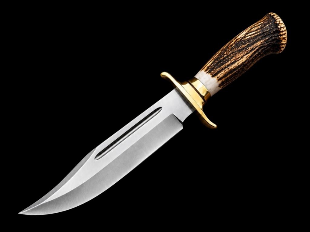 Stag horn bowie hunting knife with brass guard on plain black background