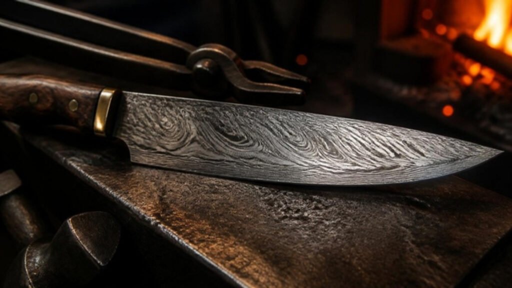 Etched Damascus steel knife blade on an anvil in a blacksmith workshop