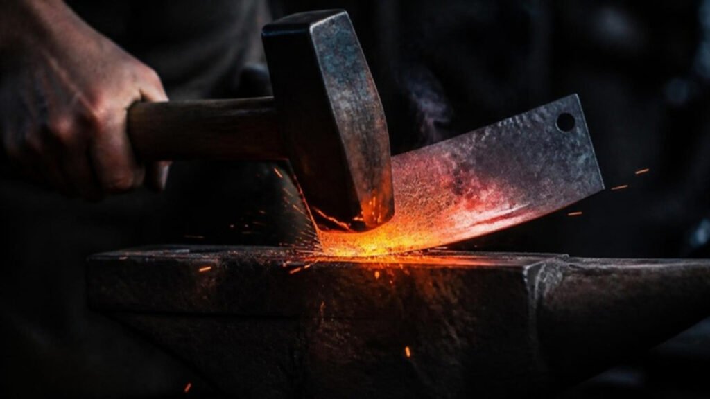Process of Making Carbon Steel Butcher Meat Cleaver Knife Factory Manufacturing Process Carbon steel butcher meat cleaver being hammered on an anvil