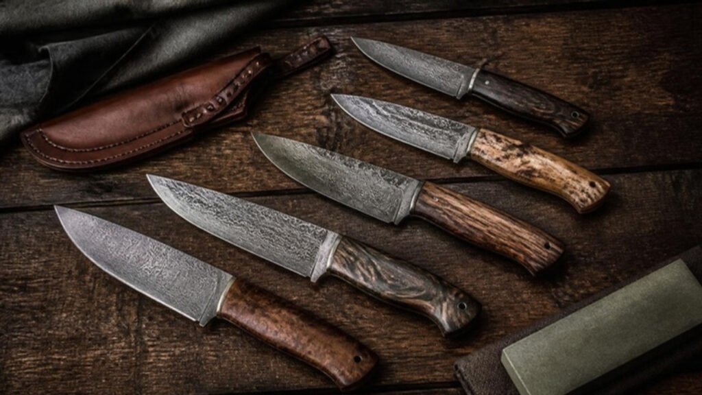 Handmade Damascus steel knives with wooden handles on a dark table
