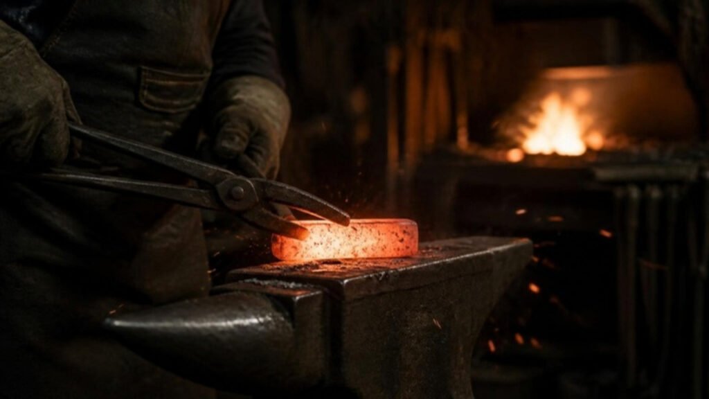 Bladesmith forging red-hot Damascus steel on an anvil at Bodacious Knives workshop