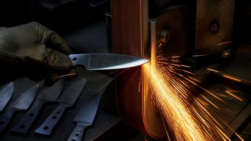 How Knives Are Made | Full Knife Manufacturing Process Knife blade grinding with sparks during the full knife manufacturing process